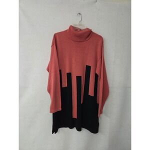 Apart Turtleneck Tunic Sweater Women L Pink Black Geometric Colorblock Longline